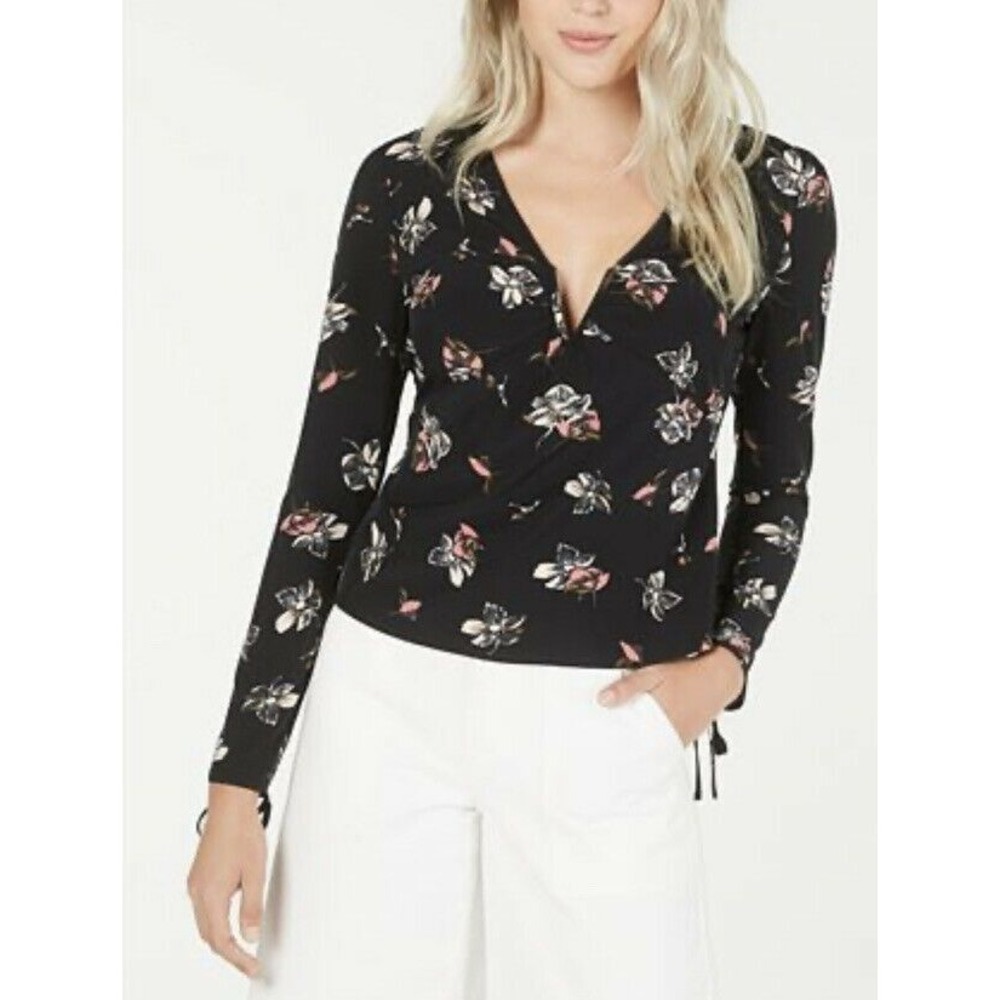 Leyden Top V Neck Ruched Puff Sleeve Black Blouse Women Sz M NEW NWT‎